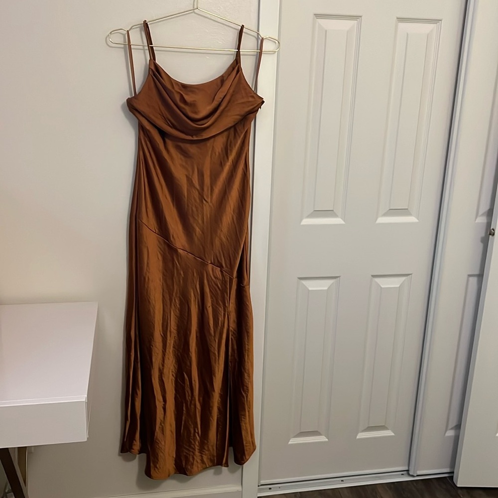 Brown satin slip midi dress